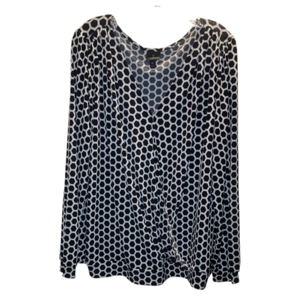 Worthington Geometric Print Faux Wrap Black White Top Women’s Plus Size 1X